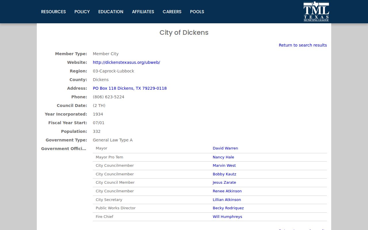 Dickens criminal records routing from the City of Dickens profile